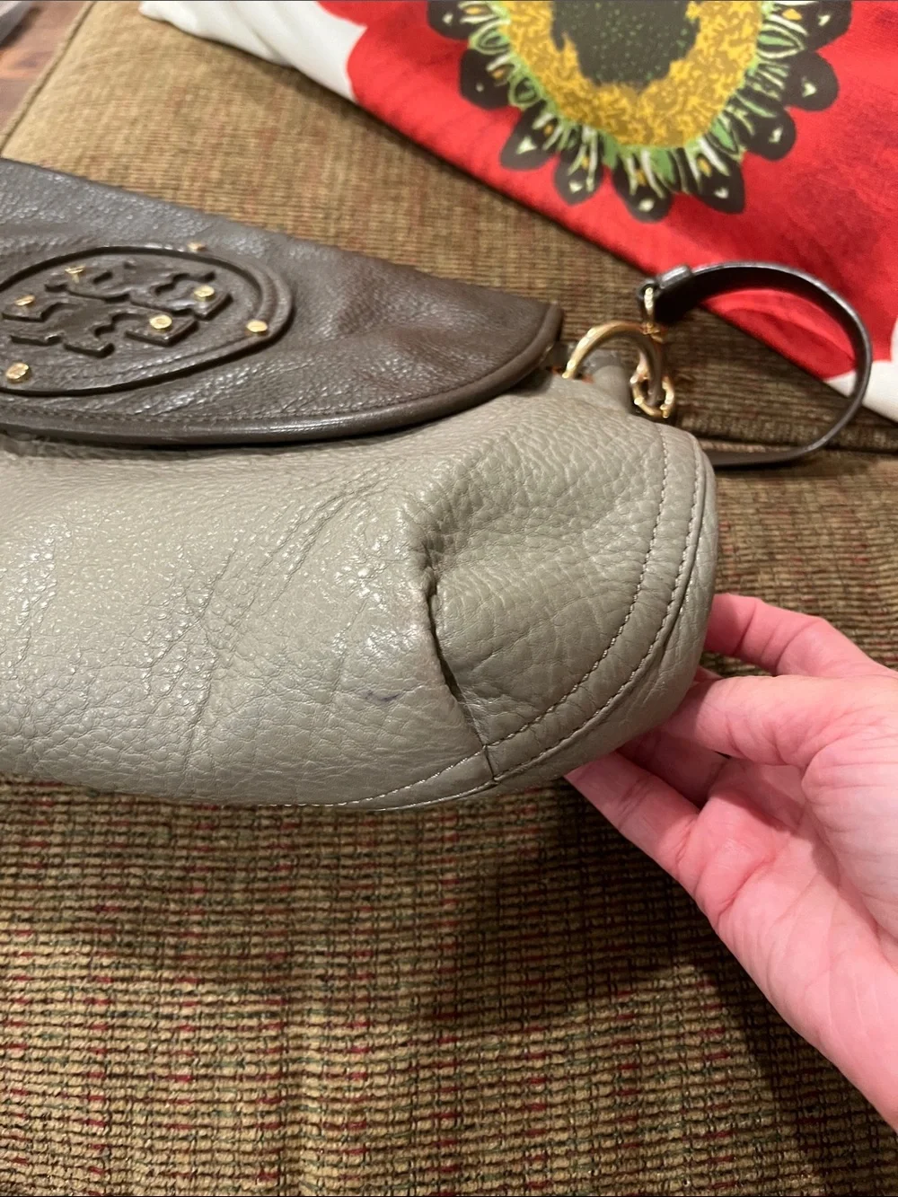 Tory Burch Two-Tone Pebbled Leather Crossbody in Dark Brown and Light Gray